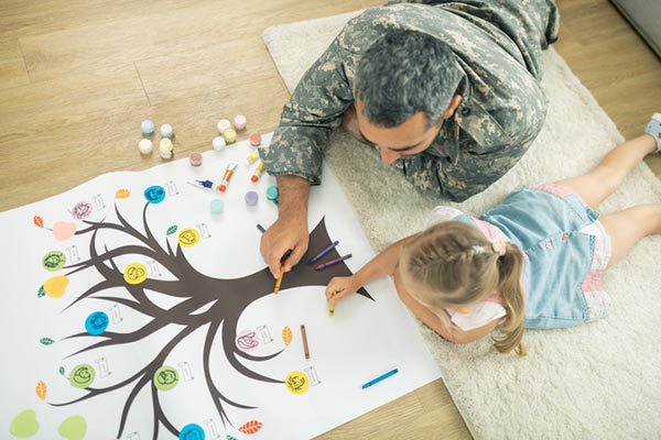 Adoptive dad and daughter draw a family tree incudes birth parents and adoptive family